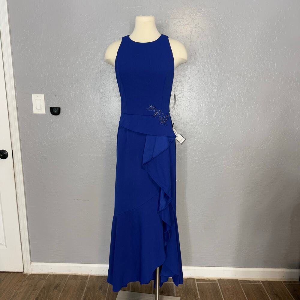 Adrianna Papell Beaded Appliqué Ruffle Crepe Gown, US 10